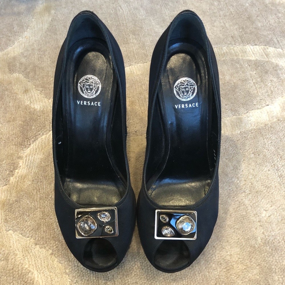 VERSACE Peep Toe Satin Platform Pumps